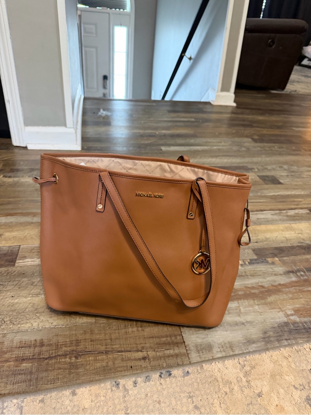Michael Kors Cognac Leather Tote with MK Charm